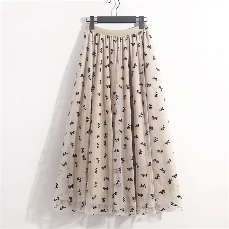 Women Skirt Print Bow Mesh Puffy Skirt A-line High Waist Evening Party Elegant Midi Tulle Skirt Pink Black Beige Gray mujer fald