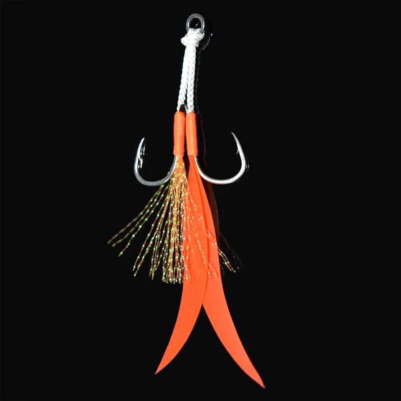 4pcs/lot Ribbon Silicone Skirt Double Assist Hook Metal Jig Mate High Carbon Steel Hook With Assist  Marine Fishing