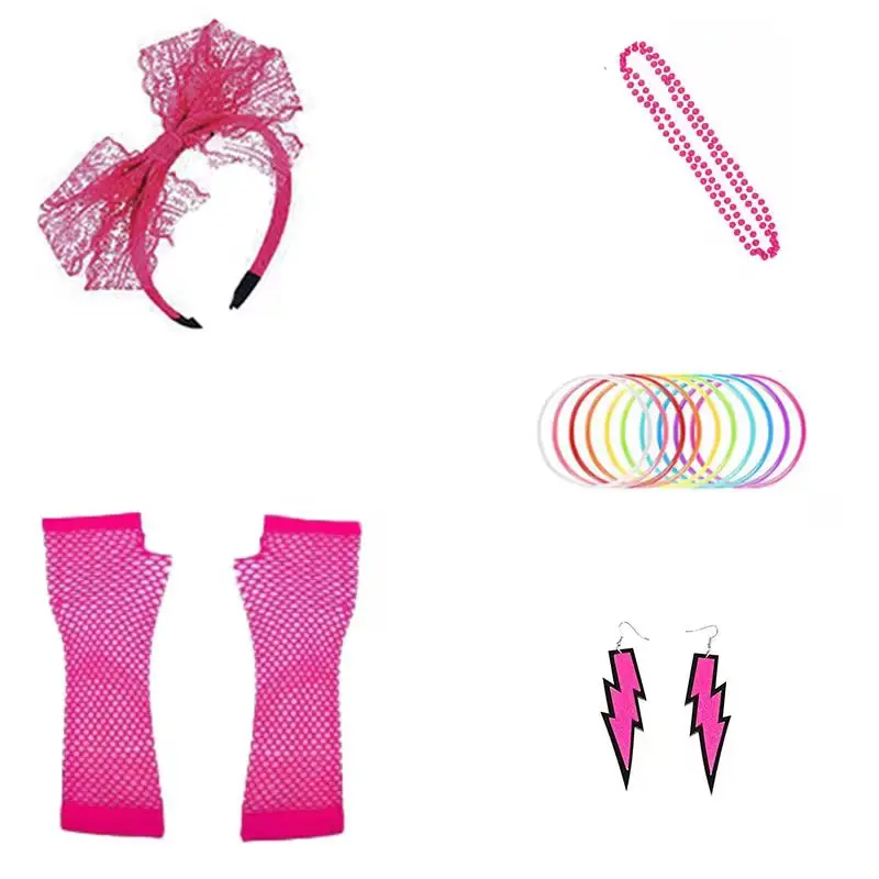 Akcesoria lata 80. Damska koronkowa opaska na głowę Kolczyki Rękawiczki z siatki Naszyjnik Bransoletka na imprezę retro w stylu lat 80. Halloween