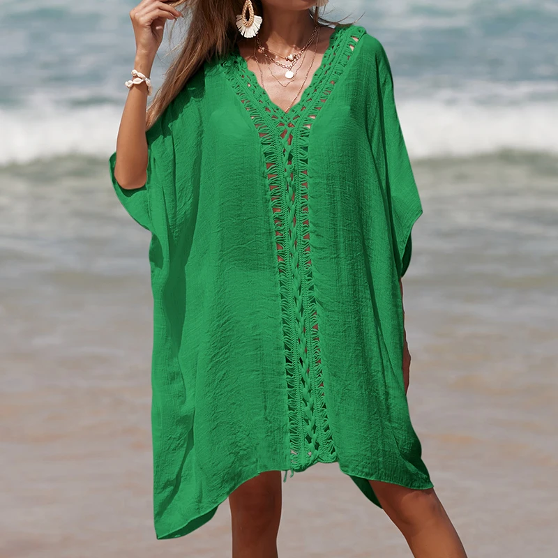 Holiday Crochet Knitted Beach Cover-Ups Dress Splicing Loose Dress Solid Color Beachwear transparent Sunscreen Sexy Beach Smock