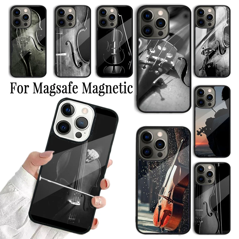 Phone Case For iPhone 16 15 14 13 12 Mini 11 Pro Max Plus Magsafe Magnetic Wireless Charging Cover Black And White Violin Cello