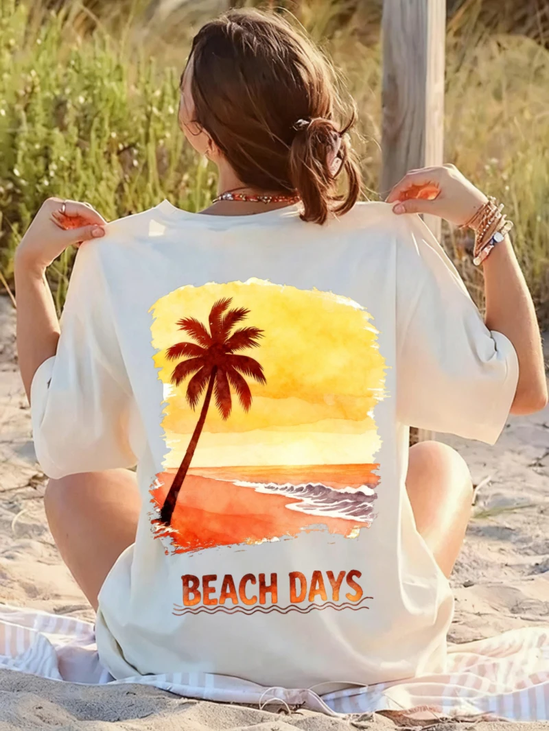 

Женская футболка, пляжная футболка с короткими рукавами, оранжевая кокосовая пальма, закат, пляжный принт, летний повседневный топ в стиле отпуска