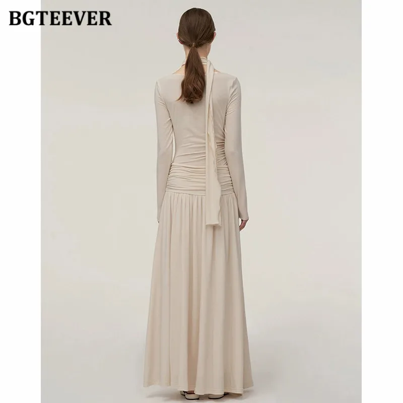 BGTEEVER Elegant Slim Waist Female Knitted Long Dress Long Sleeve Swinging Collar Women A-line Dress