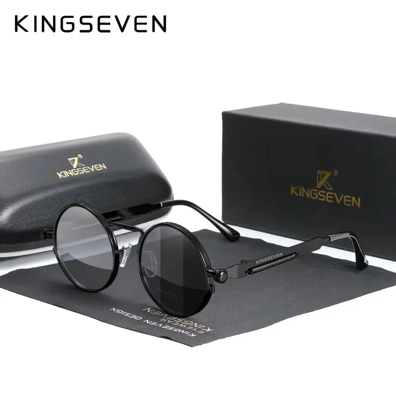 KINGSEVEN okrągłe wysokiej jakości gotyckie okulary przeciwsłoneczne w stylu steampunk spolaryzowane mężczyźni kobiety marka projektant Vintage metalowa rama okulary przeciwsłoneczne