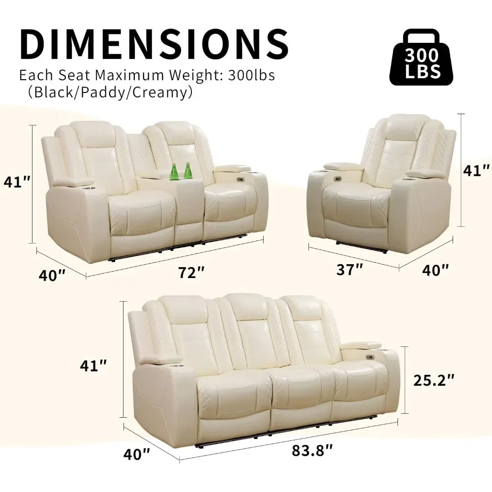 Recliner Sofa Set with LED,Leather Reclining Sofa with Wireless Charger Storage Console Cup Holder, Reclining Living Room Set