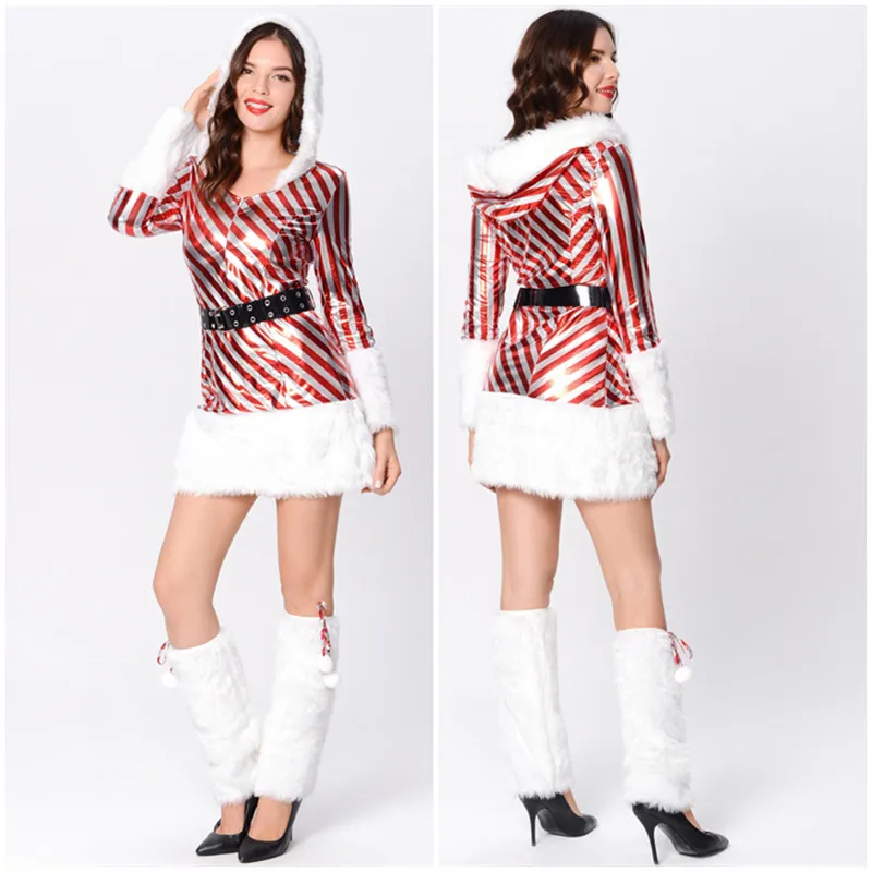 

Christmas Party Long Sleeve Candy Stripe Patent Leather Dress Sexy Short Skirt Costume for Adult Women Halloween Festival Dress