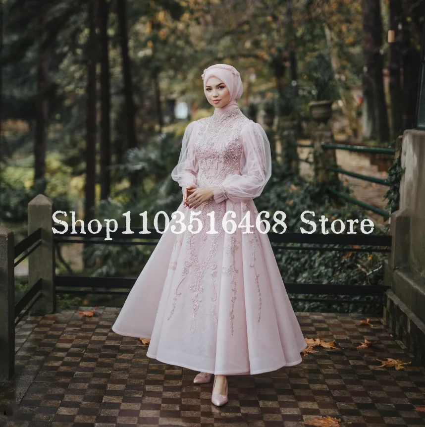 

New Pink Kaftan Wedding Dress Luxury High Neck Beaded Appliqué Tulle Long Sleeve Custom Muslim Bridal Dresses vestidos de fiesta