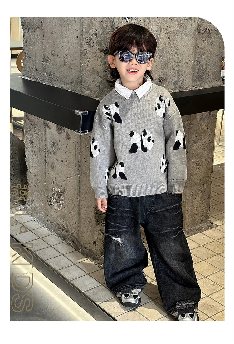 Koreanische Niedliche Kinder-Panda-Pullover mit Cartoon-Drucken, Strickwaren für Jungen, Graue Panda-Kostüme, Kinder-Strickkleidung für Alter 2 3 5 7 9 11 Jahre – Detail 7