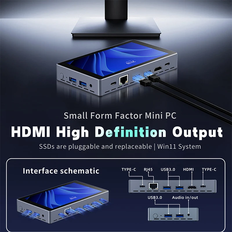 P12W mini pc touch screen with Intel N5100 5.5-inch Touch Display 8GB RAM and Removable M.2 SSD