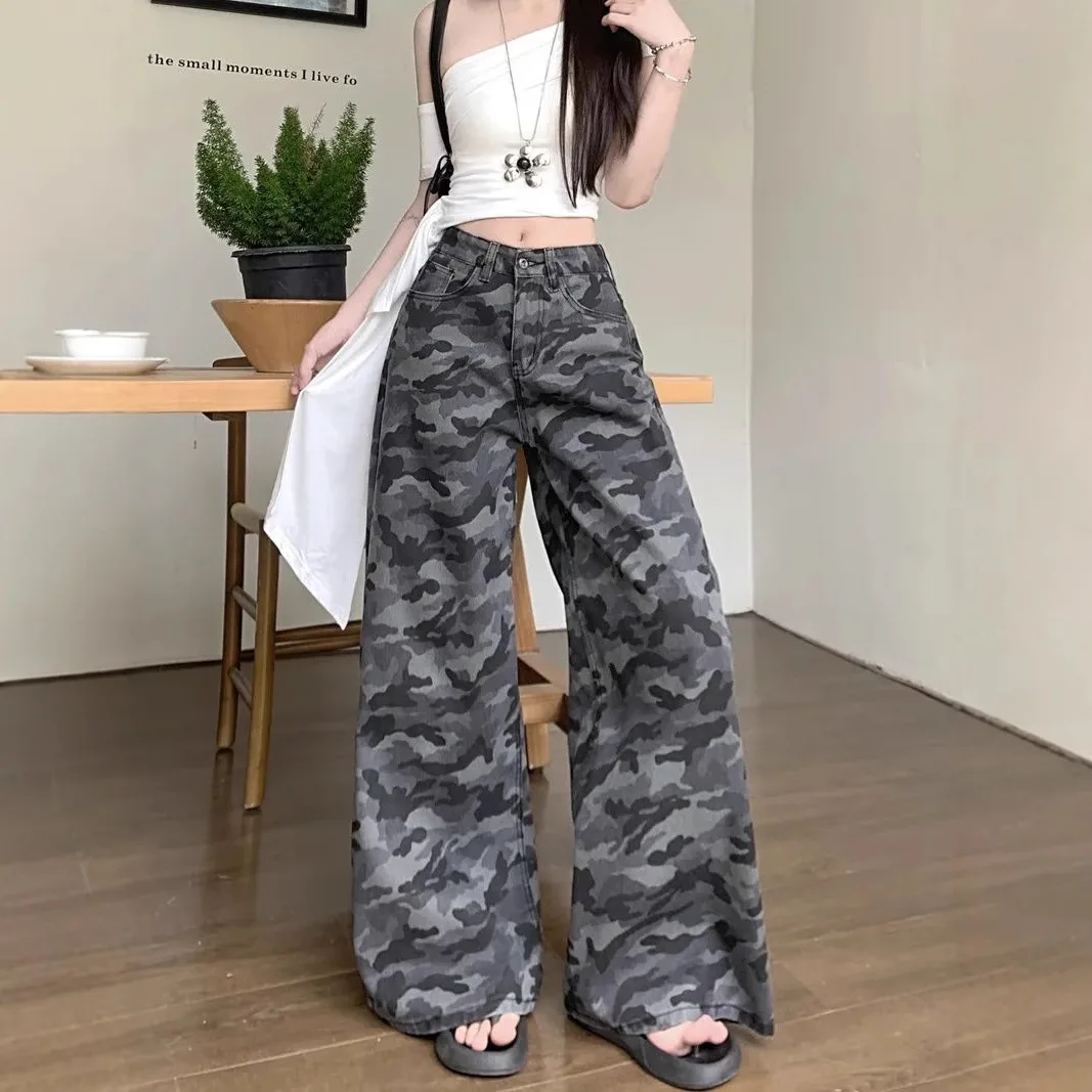 

American Style Workwear High Waist Wide Leg Camouflage Jeans Women's Spring New Fashion Casual Comfortable Cotton Denim