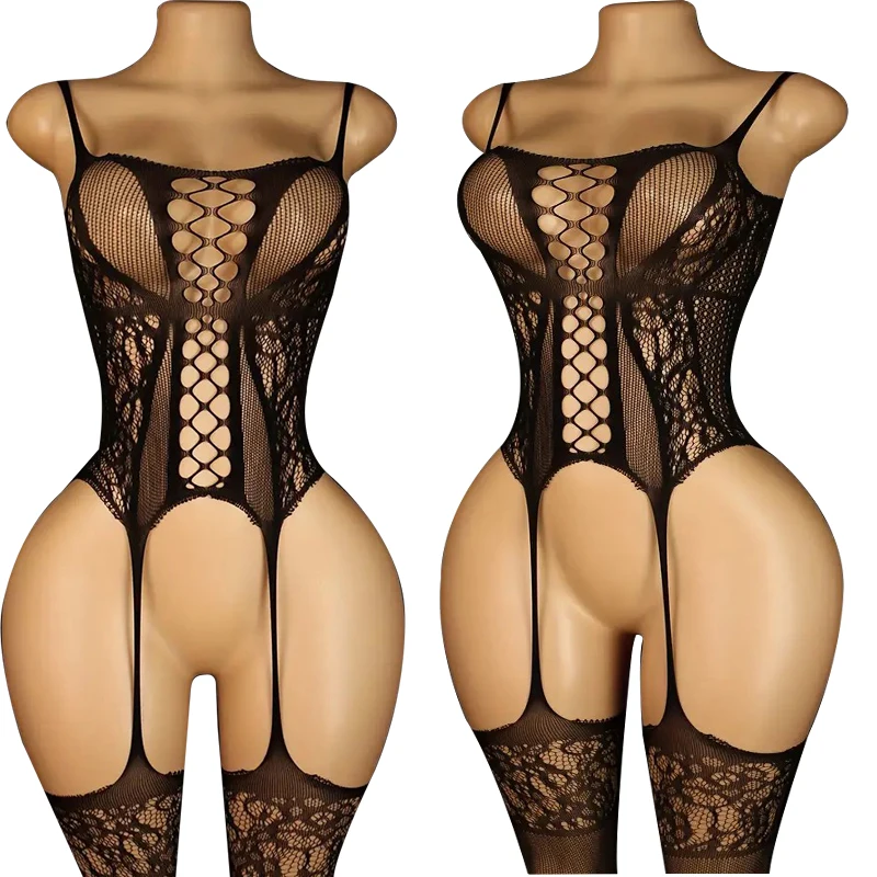 Women's Underwear Tight Socks Fishing Net Clothing Tight Clothes High Waist Pantyhose Mesh Lace Open Crotch Black Jumpsuit