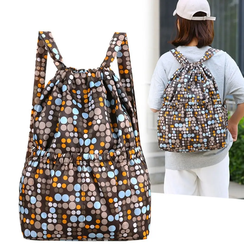 Retro Drawstring Backpack Women Large Capacity Nylon Folding Shopping Bag Outdoor Travel Portable Shoulder Bundle Pocket