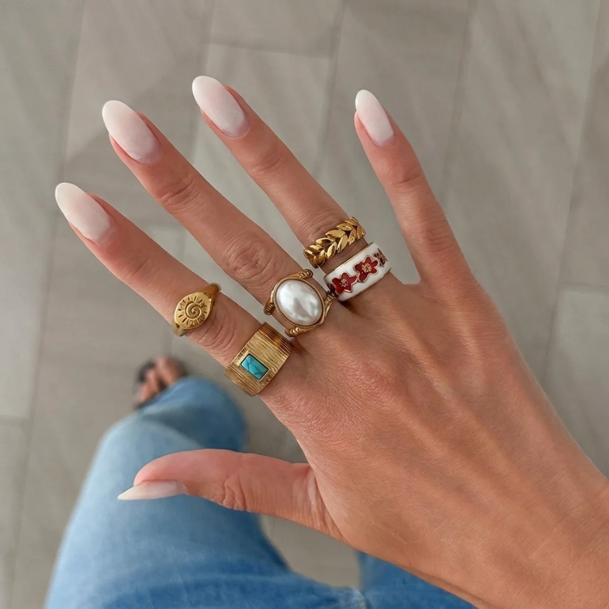 Edelstahl-Sonnen-Emaille-Blumen-Weizenblatt-Simulationsperlenringe für Damen und Herren, trendige, retro-inspirierte, geometrische Breitbandringe, Schmuck – Detail 11