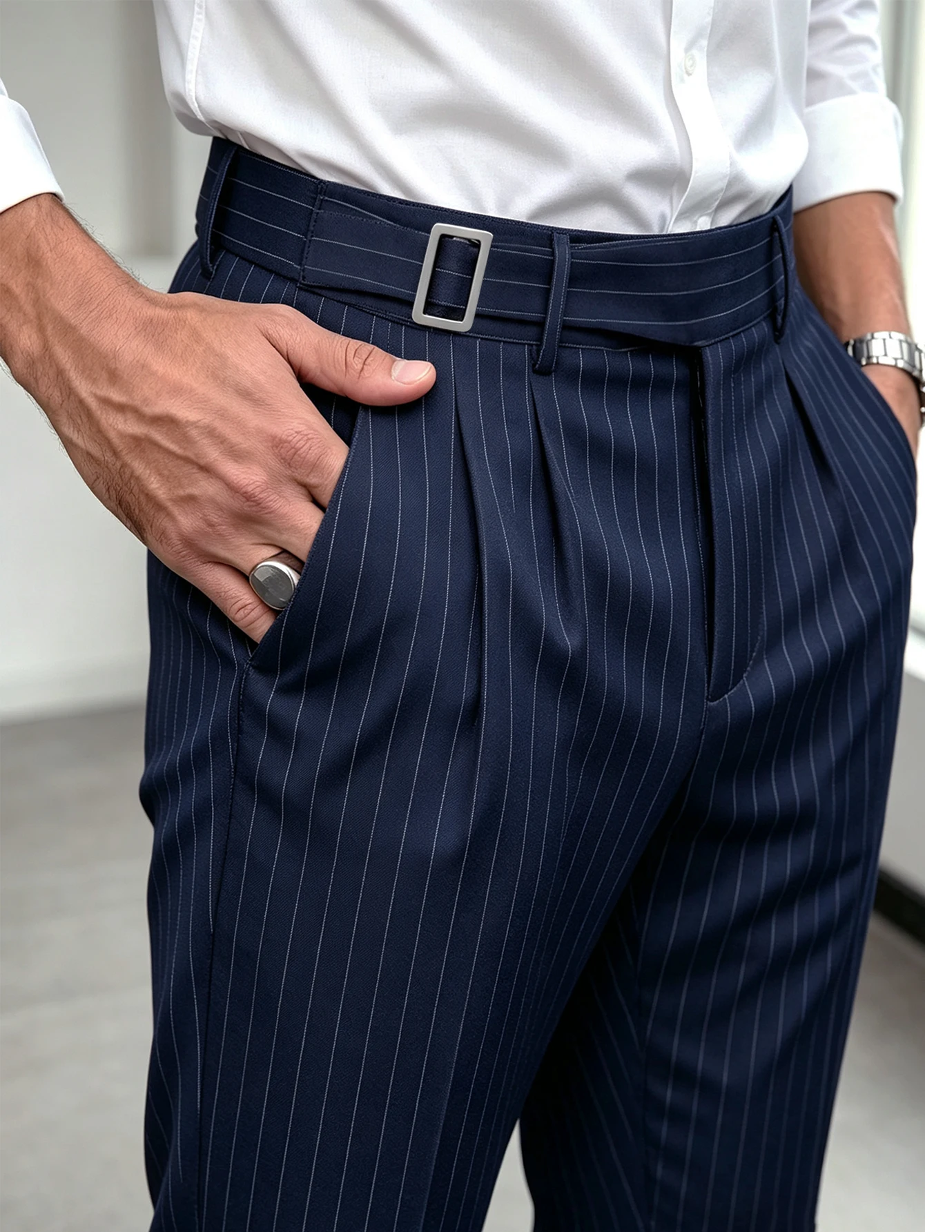 Summer‑All Season Mens Striped Suit Trousers, Adjustable Waist Pockets Design, Tailored Fit Business Casual Work Pants