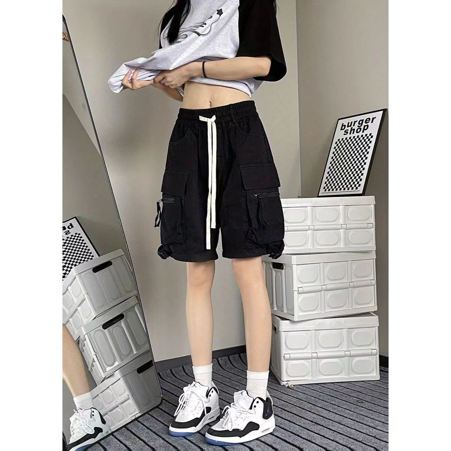 

Мужские спортивные шорты свободного кроя, карго, для пляжа, повседневные, в американском стиле, облегающие, для студентов, спортивная одежда