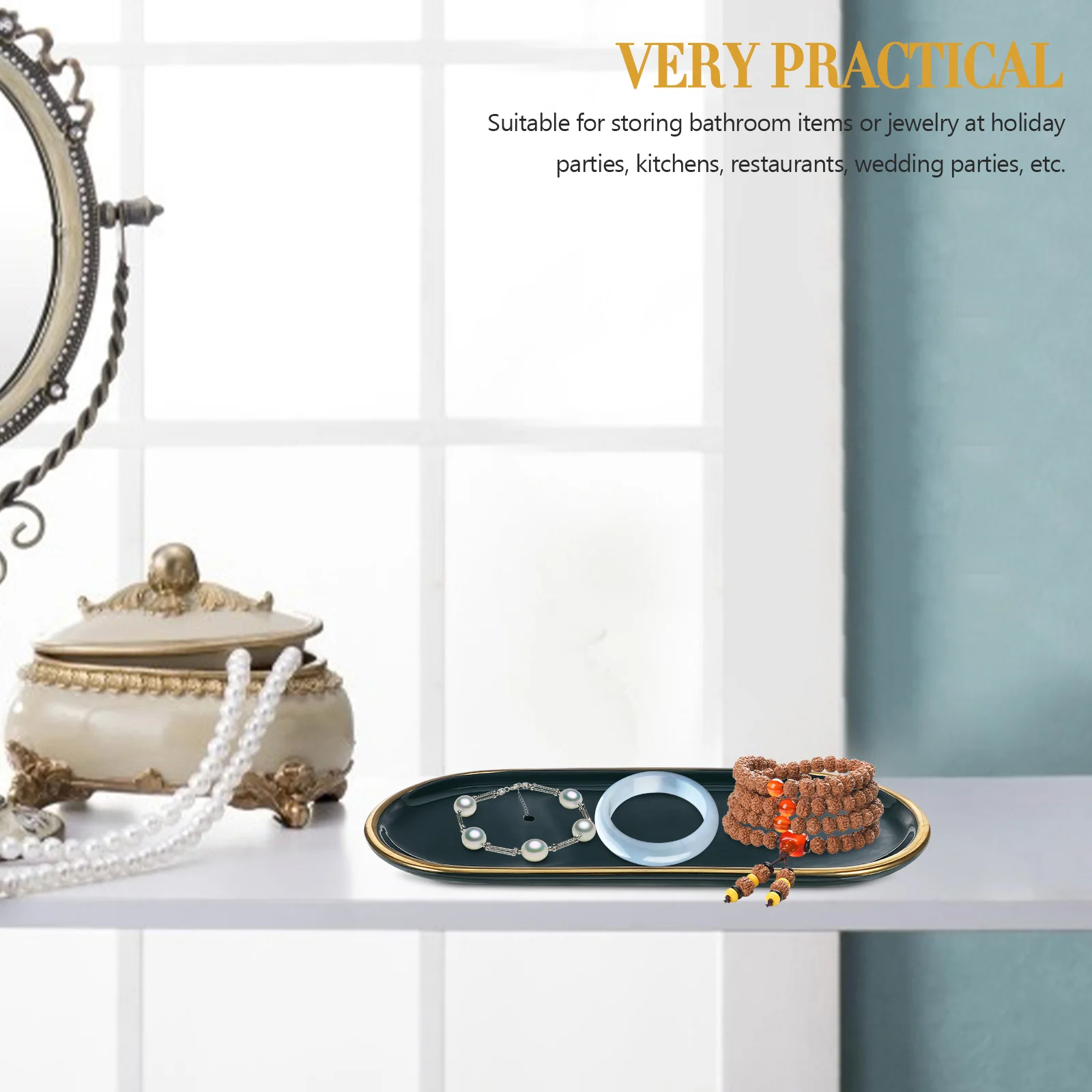 

1 шт., керамический поднос для ювелирных изделий с золотой оправой, декоративная тарелка для хранения, органайзер для туалетных принадлежностей для ванной комнаты, декоративный поднос для домашнего использования