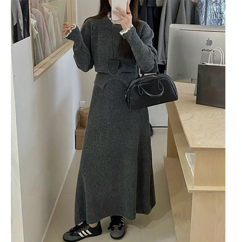 

Two Pieces Women Knitted Dress Set Solid Matching Set Lace Trim Round Neck Pullover Ankle Length Skirt Casual 2025 Autumn Winter