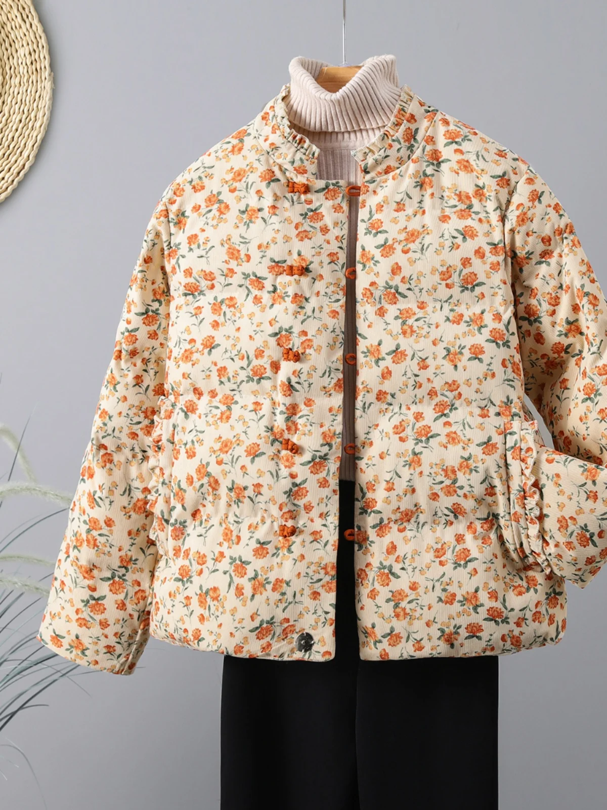 

Женское хлопковое пальто Jaet Thiened с воротником-стойкой и цветочным принтом на пуговицах, хлопковое пальто вниз с цветочным принтом