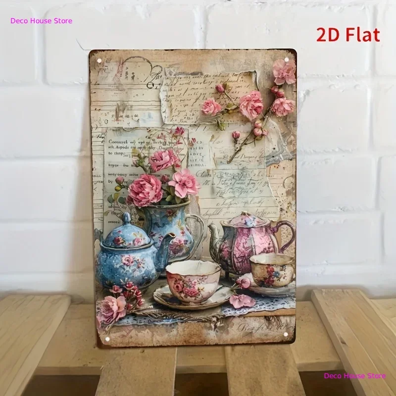 Afternoon Tea Metal Wall Art -  Printed Floral Teapot & Roses Design,   Rustic Iron Sign for Home, Kitchen, Garden, Office 2026