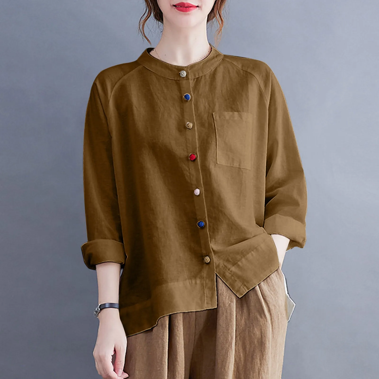 Women\'s Shirt 2024 Summer New Fashion Colourful Button Retro Art Shirt Solid Colour Round Collar Casual Loose Pocket Blouse Tops