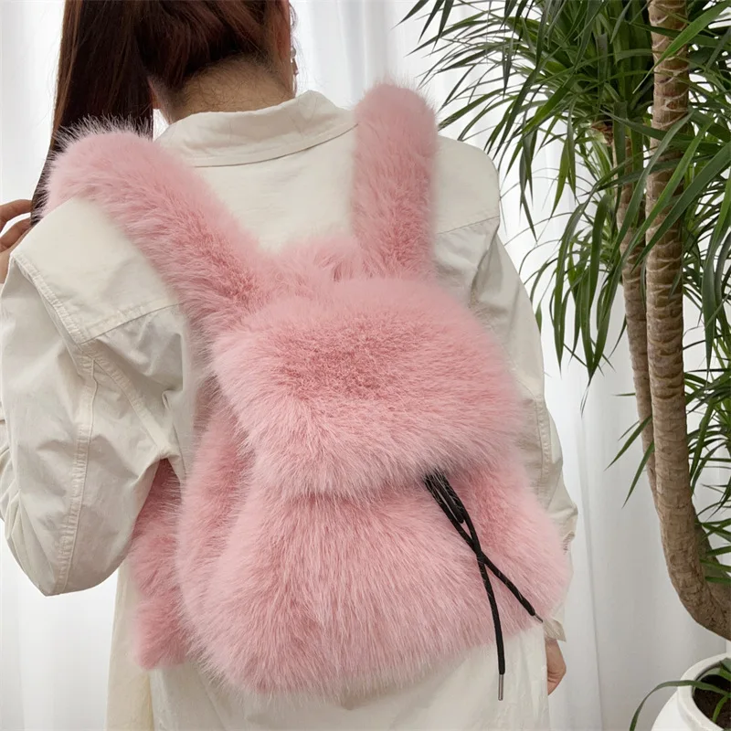 Winter Soft Plush Ladies Schoolbag Solid Color Female Furry Shoulder Bags Handbags Fashion Luxury Fake Fur Women\'s Backpack