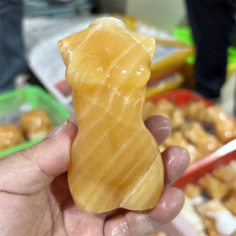 Natural Orange Calcite Lady Body Carving Healing Crystal Gemstone Collectible Home Decoration Gift 1PCS