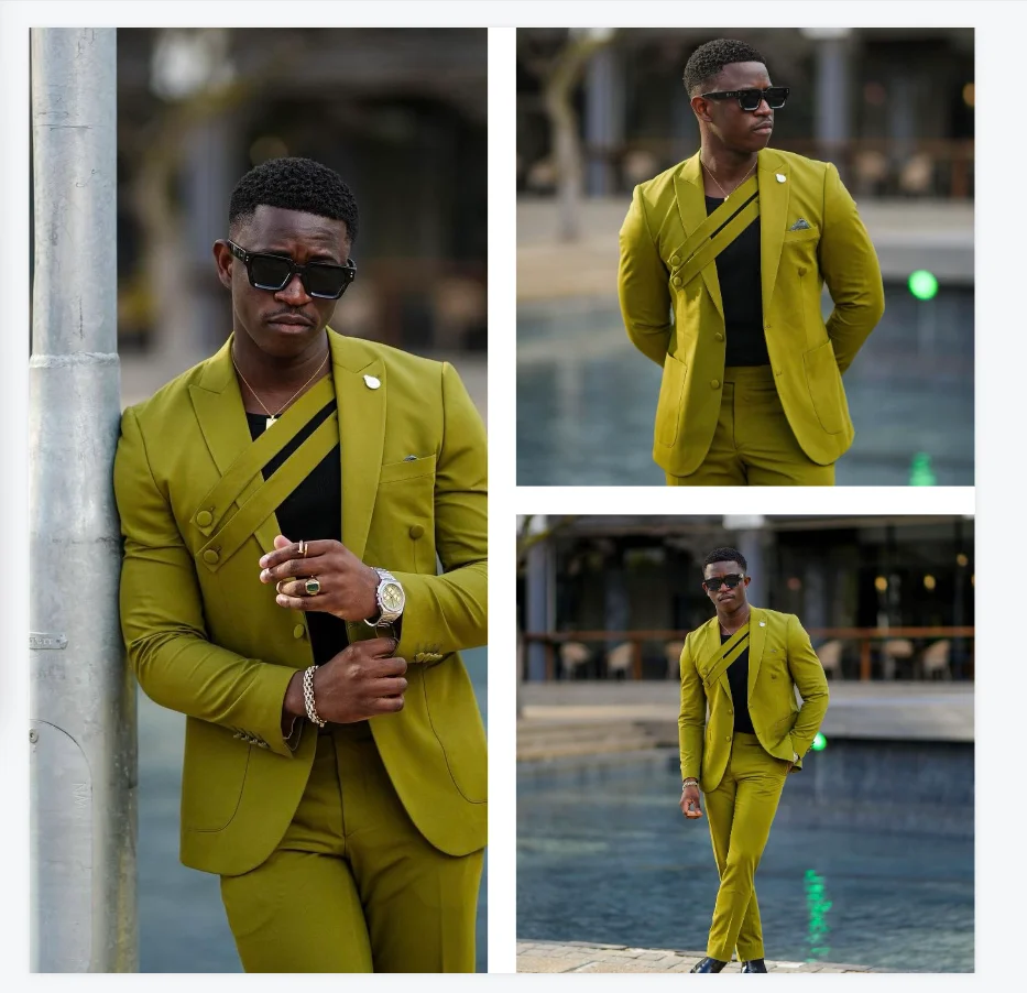 

Fashion Green Men Suits Set 2 Pieces Blazer+Pants Trousers Wedding Tuxedos Formal Office Business Cotton Groom Prom Jacket Coat