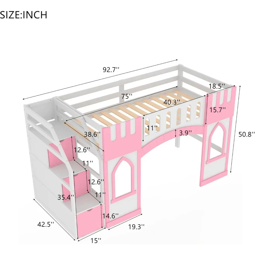 Twin Size Loft Bed with Storage Staircase and Window, Wood Playhouse Bed Frame with Storage for Boys, Girls, Gray,Pink, Girls