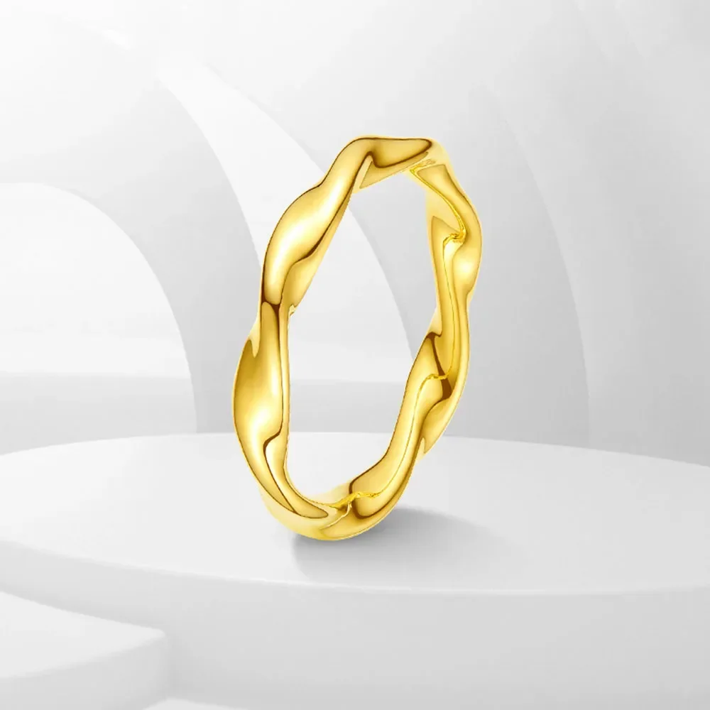 24K Yellow Gold Ring, Pure 999 Gold Women Twist Pattern Circle 5D Hard Rings Wedding Engagement Fine Jewelry Gifts