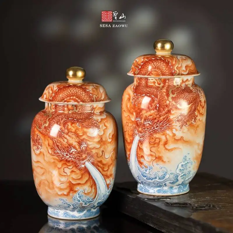 Holy Mountain Classy Pastel Hand-Painted Alum Red Dragon Pattern Water-Absorbent Jingdezhen Handmade Ceramic Small Tea Can