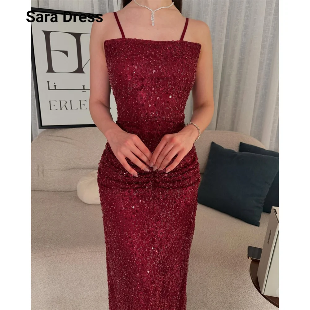 

Sara Custom Red Spaghetti Straps Shiny Ankle Length Luxurious Women's Evening Dresses Woman Elegant Party Dresses 2026 Dress New