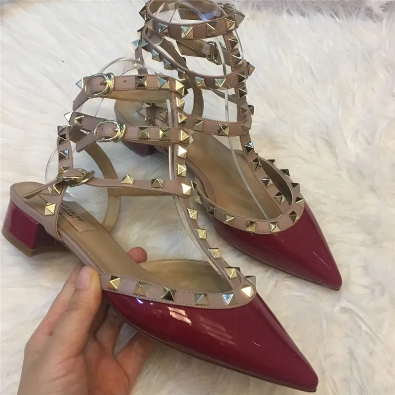 Luxury High Quality Pointed Rivet Sandals Heels  2024 Genuine Leather New Versatile Bare Feet Lace Up Square Heels Women\'s Pumps