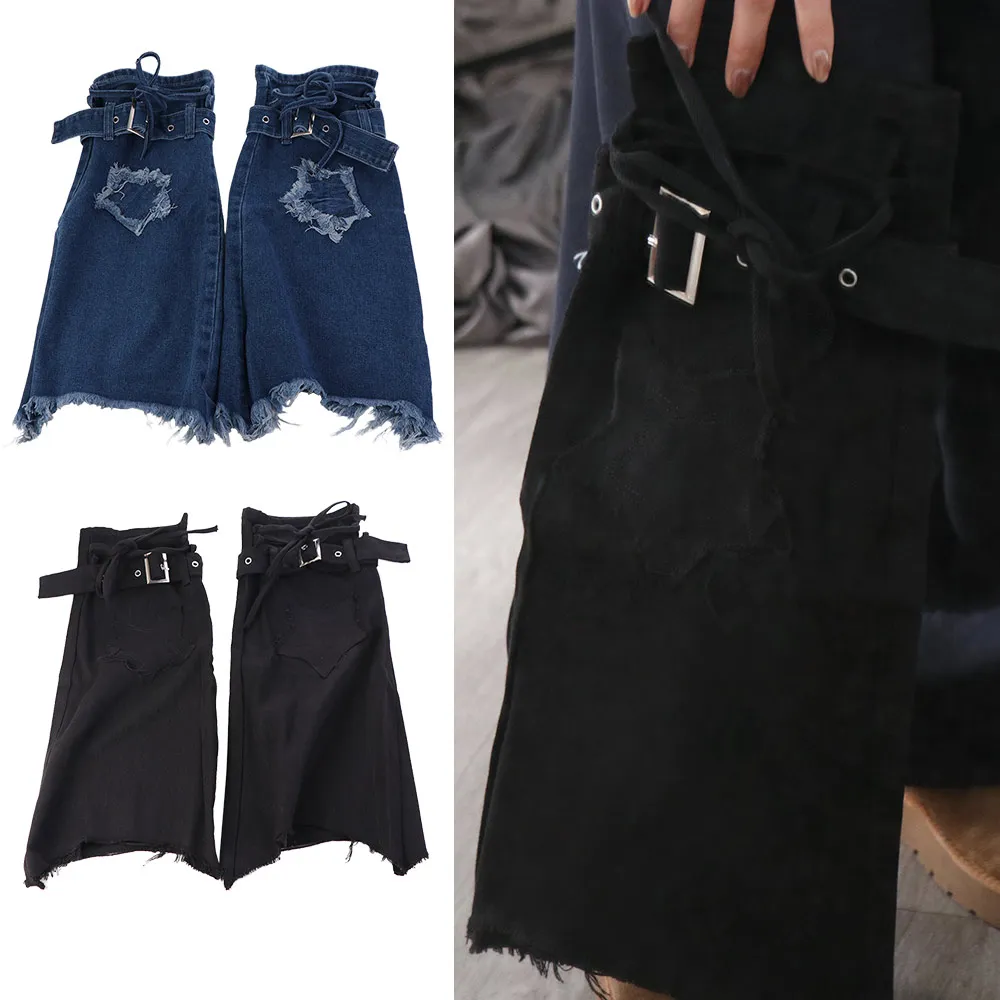 Japanese JK Lolita Y2K Denim Leg Warmers Stars Denim Cloth Cross Trumpet Leg Covers Pile Up Socks Footcover Long Stockings
