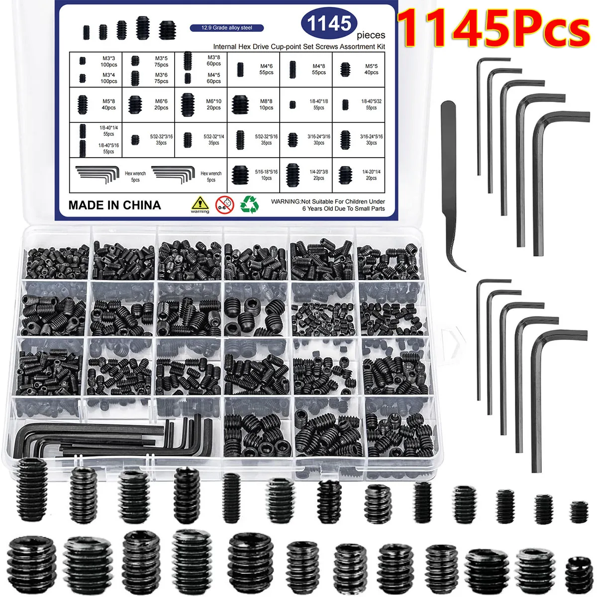 1145Pcs Carbon Steel Set Screw Assortment Kit Head Socket Hex Drive Cup Point Grub Screws Set Headless Allen Head Grub Screw Nut