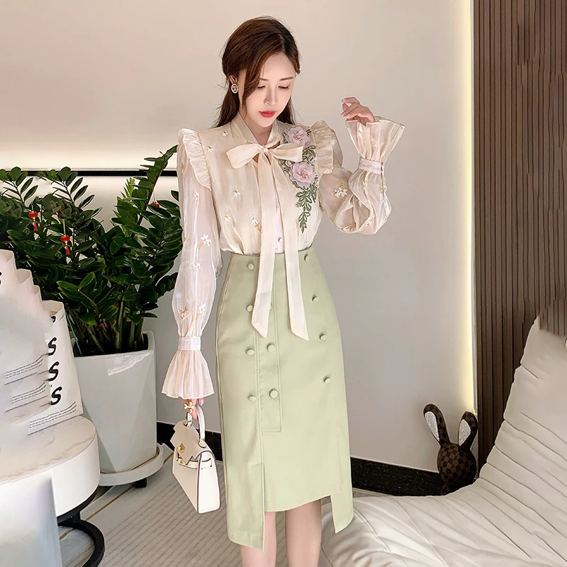 France Luxruy Spring Two Piece Set Elegant Women Flowers Embroidery Bow Lace Up Mesh Shirt +Green Button Deco Bodycon Skirt Suit