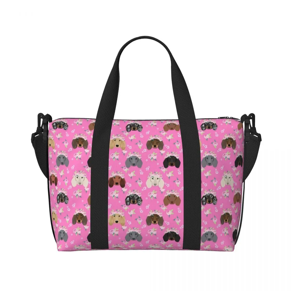 Custom Puppy Dachshund ไส้กรอก Florals Beach Tote กระเป๋าผู้หญิงน่ารักสัตว์เลี้ยงขนาดใหญ่ช่อง Gym Beach กระเป๋าเดินทาง