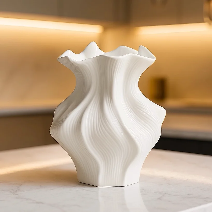 Nordic Minimalist White Textured Ceramic Vase 3D Wave Pattern Tabletop Decor Flower Vase for Living Room Bedroom Dried Flowers