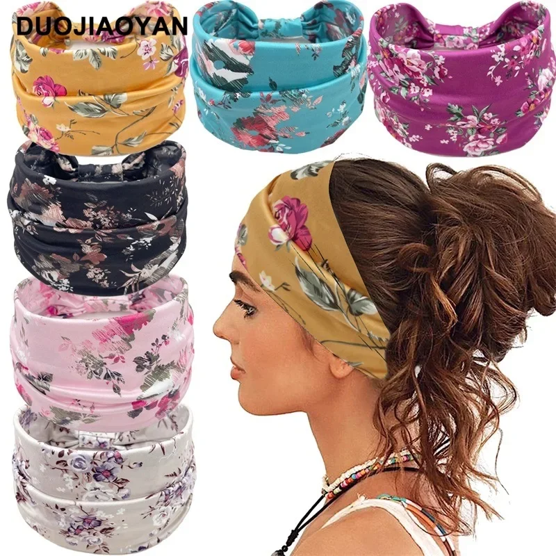 

European and American new fashionable printed headband elastic knotting wide edge headband rose yoga sports headband wholesale