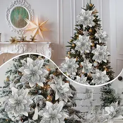 Silver Glitter Christmas Flowers Silver Xmas Tree Artifical Flower Ornaments Merry Christmas Decoration For Home Party New Year