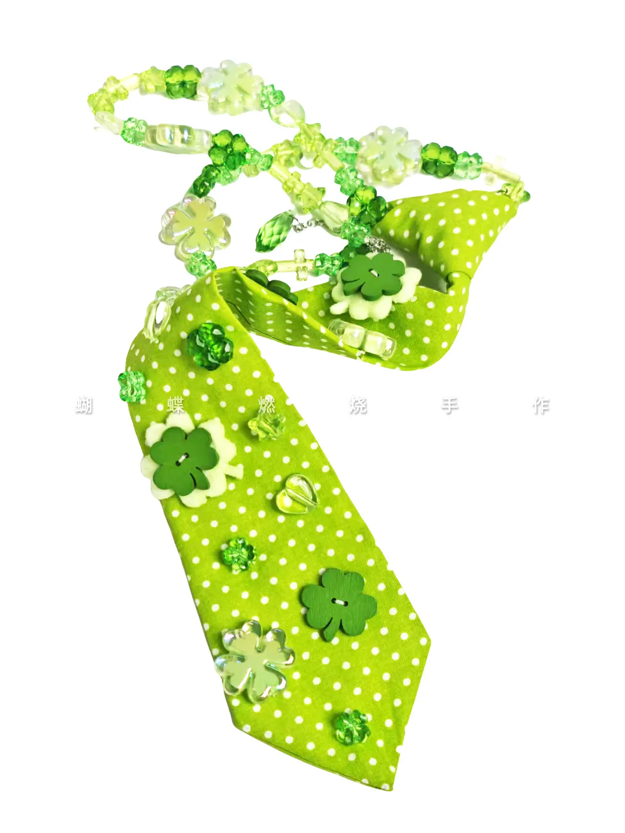 cravate-printemps-Ete-en-plastique-vert-a-pois-motif-trefle-porte-bonheur-style-dopamine-y2k-vintage-dream-core-au-design-original