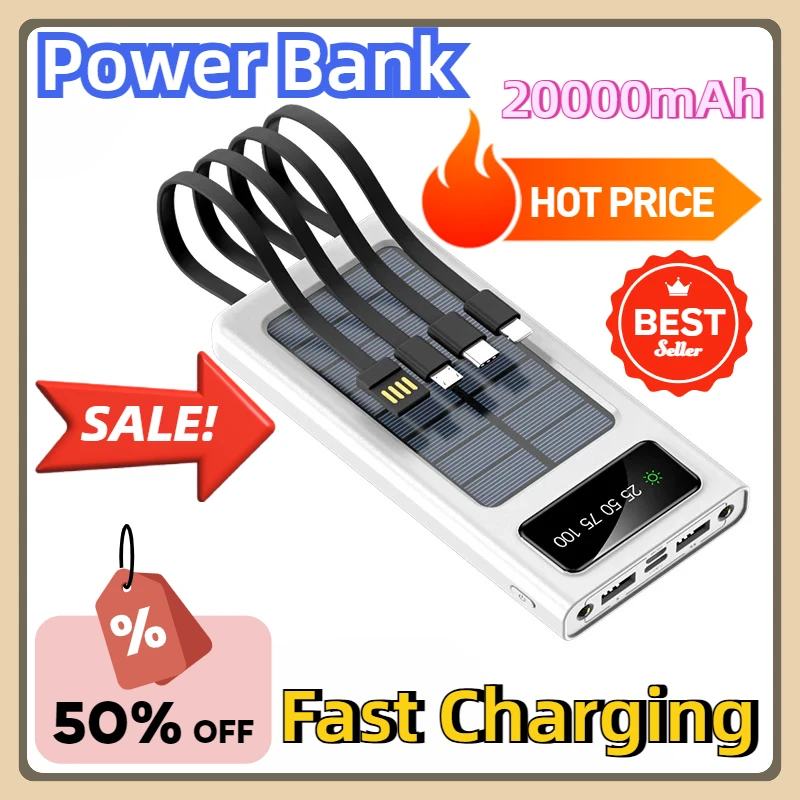 For IPhone Huawei Xiaomi 20000mAh Solar Power Bank Large Capacity Mobile Power Fast Charging Battery with Dual USB 4 Cables