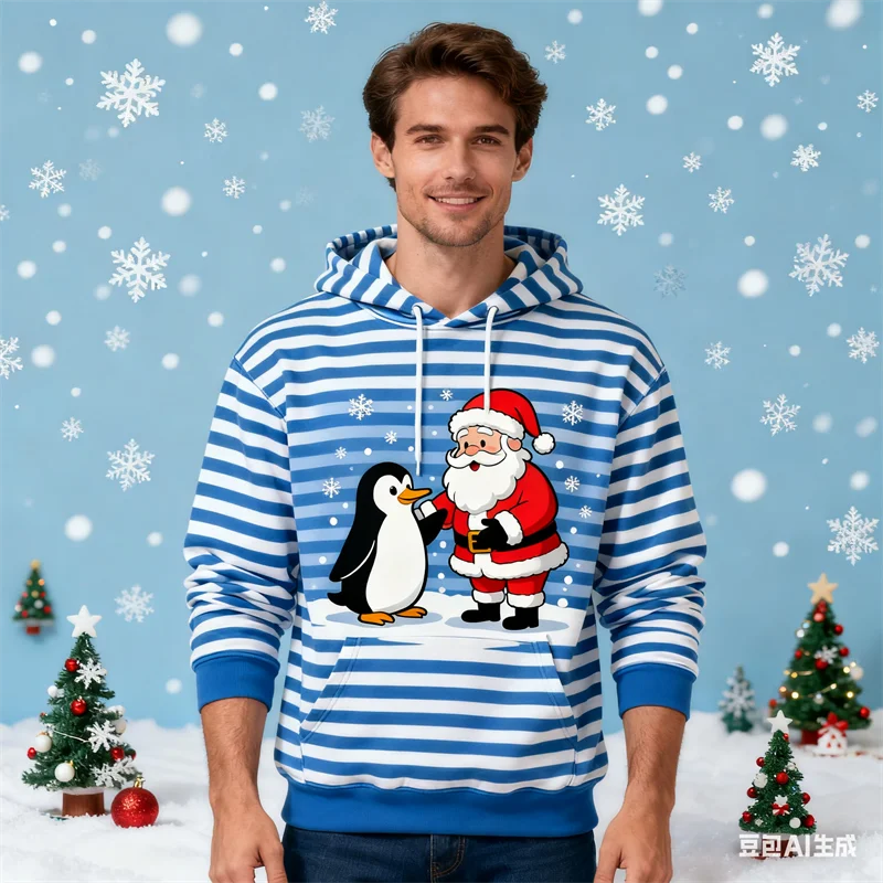 

Autumn Penguin Pattern Men's Hoodies 3D Santa Claus's Elk Printed Pullover Tops Funny Christmas Elements Party Sweatshirts Tops