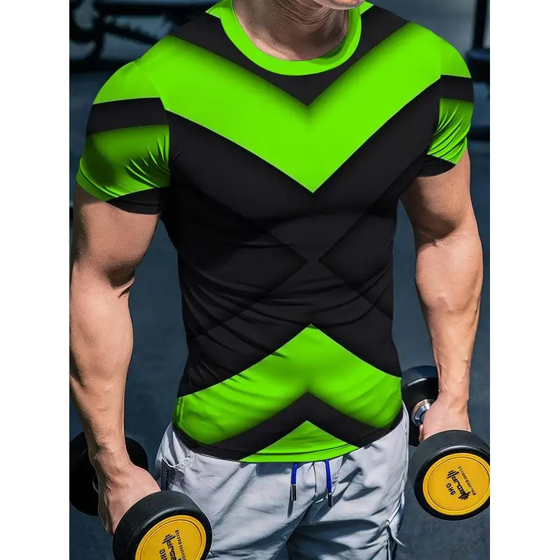 Men's Functional Geometric Print Fitness Shirt Moisture Wicking Quick Dry Short Sleeve Slim Fit Muscle Defining Outdoor Training