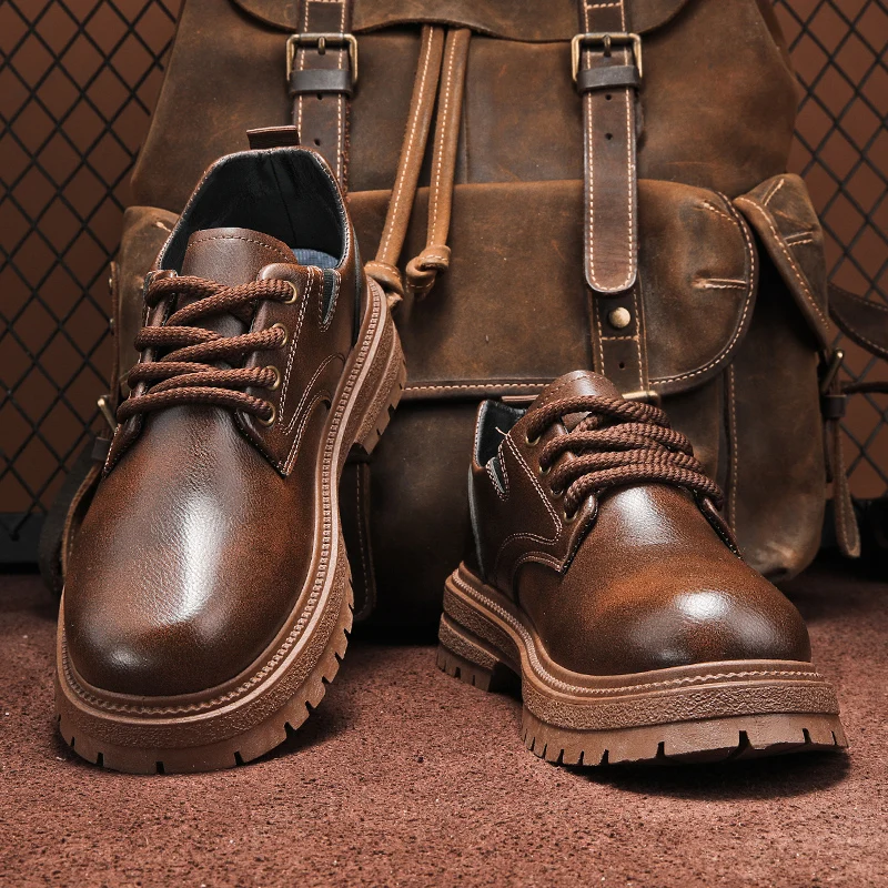

Retro Boots Men's Spring British Style Increased Height Leather Shoes Casual Sports Outdoor Low Help Work Shoes