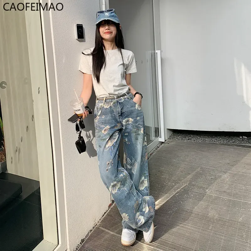 Vintage Washed Blue Floral Printing Jeans Women Spring Summer Simple Street Style High Waist Straight Tube Denim Trousers Female