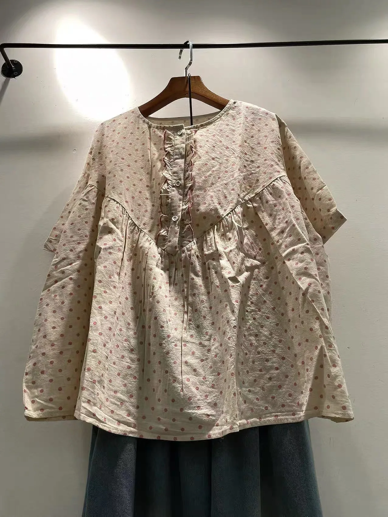 Oversized Cotton Babydoll Blouse for Women Retro Pink Polka Dot Ruffle Trim Half Button Top Mori Loose 3/4 Sleeve Tunic Shirt