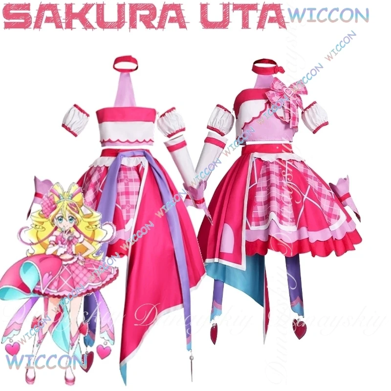 جميلة علاج أنيمي ساكورا أوتا تأثيري فتاة حية مبهجة مع شقراء طويلة شعر مستعار مجعد فستان وردي تأثيري حلي البدلة الكاملة