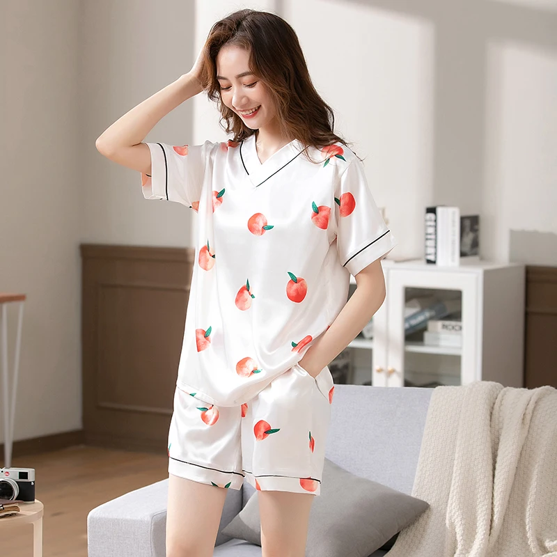 

Newest Summer Women Silk Sleepwear Women Short Top+Short Pants Pajamas Set