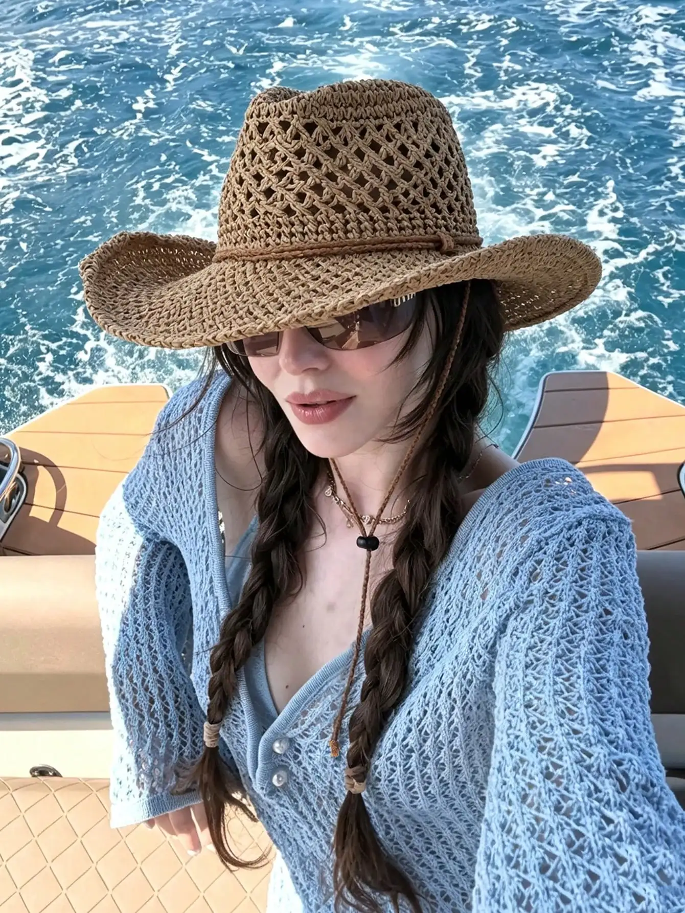 1PC Women's Beige Hollow Out Woven Straw Cowboy Hat Western Breathable Sun Hat with Self Tie Chin Strap for Beach Vacation