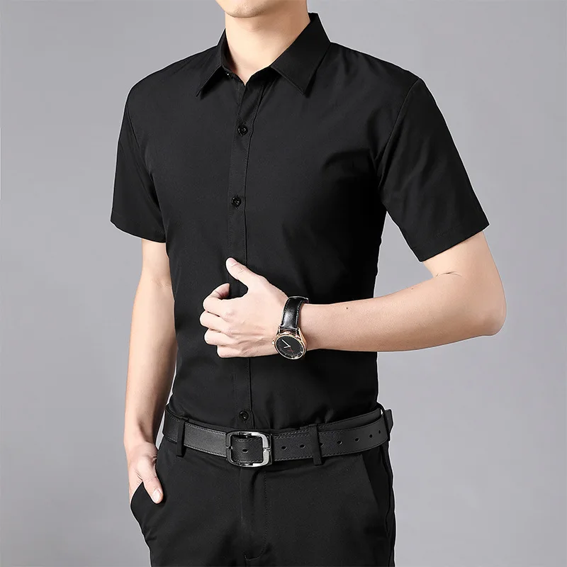 Camisa Slim Fit de manga curta masculina, vestido de negócios, cor sólida, manga comprida, branco, preto, branco, novo, verão, C52, Polegada